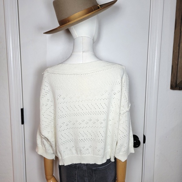 Free Free People Cream Distressed Cropped Sweater M/L Boho Fall Cotton - Picture 7 of 7